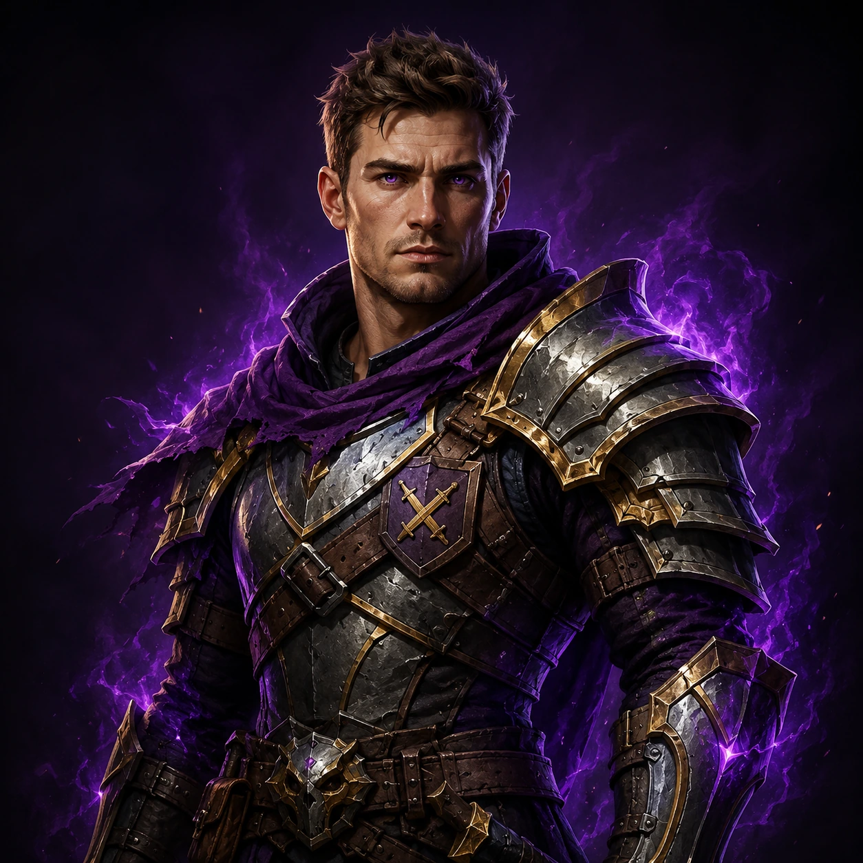 Repwarden adventurer in realistic purple and gold fantasy armor